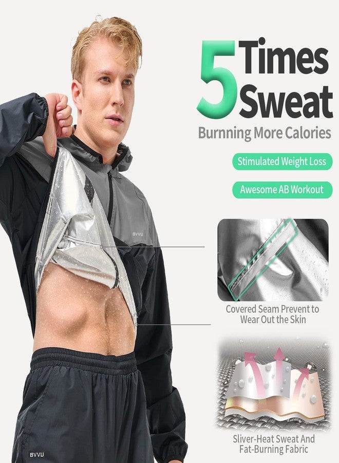 BVVU Sauna Suit for Men Zipper Sweat Suits with Hood Sauna Jacket Pants Gym Workout Full Body Darkgrey 3X-Large - Image 2